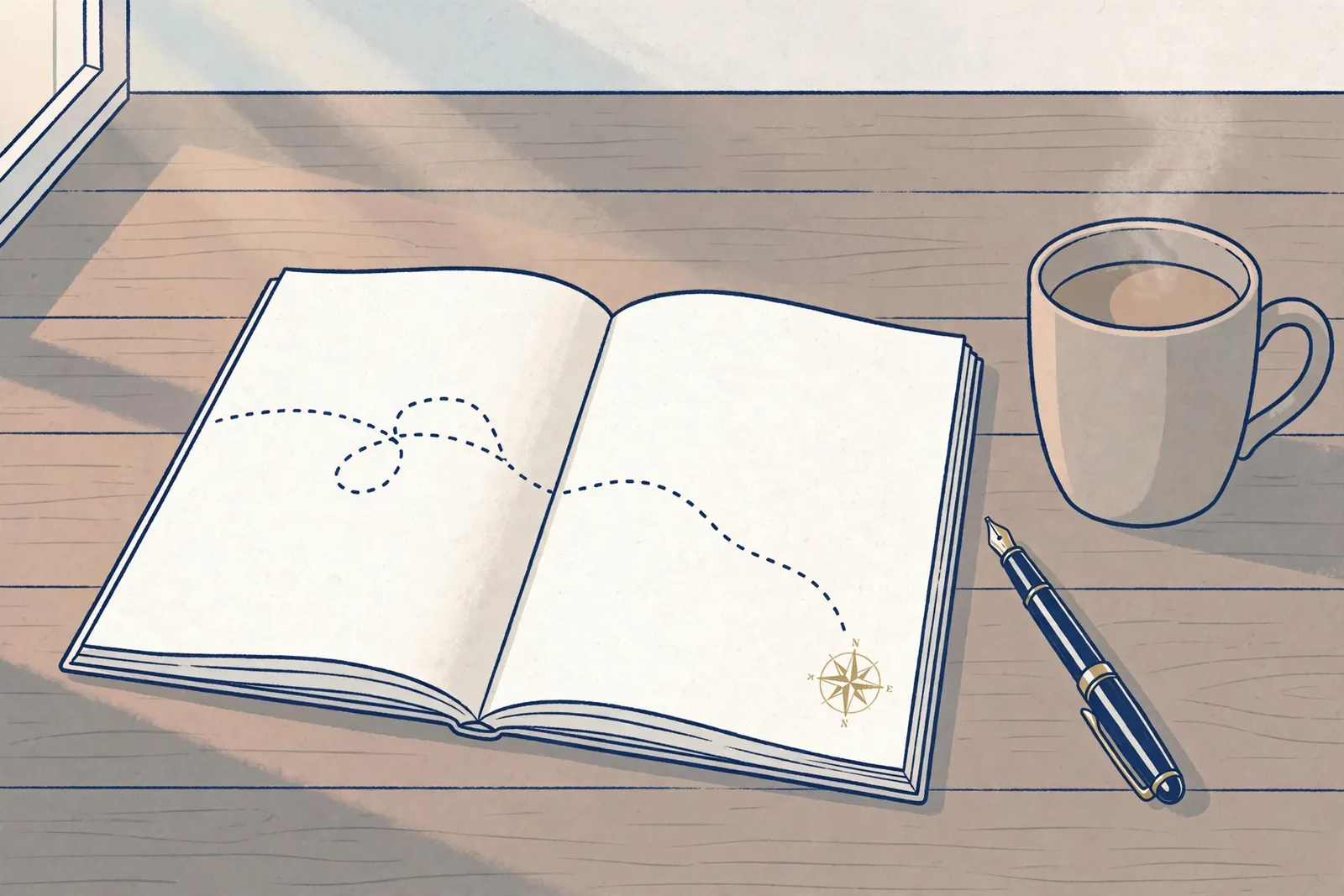 An open notebook on a desk in early light, a dotted path drawn across its blank pages ending at a small compass rose, a fountain pen and a mug beside it.